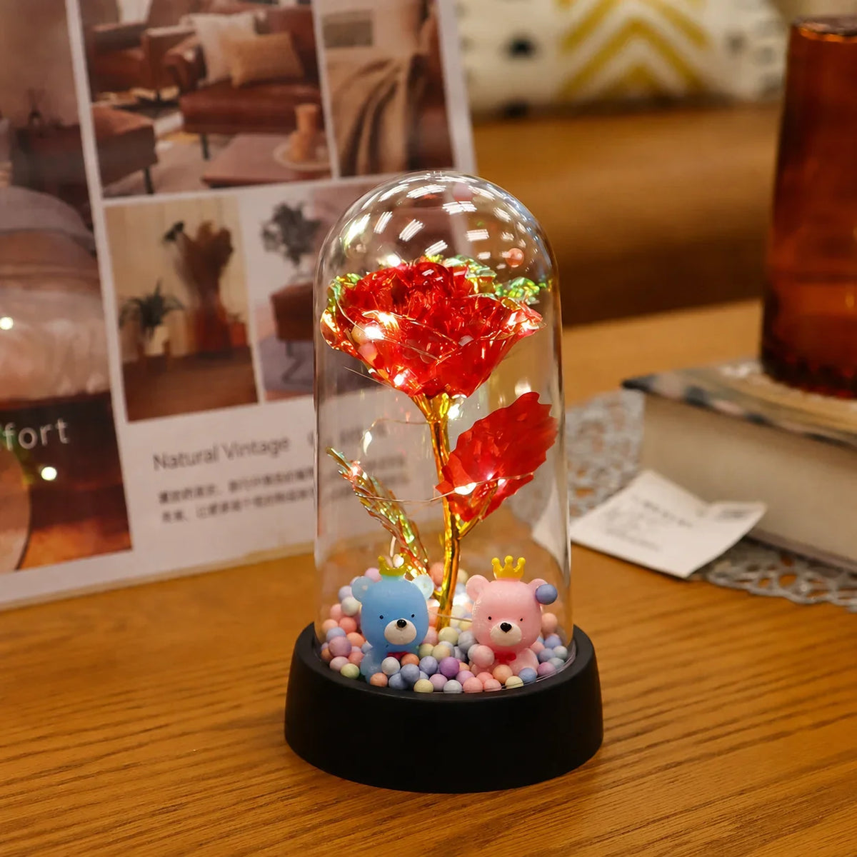LED eternal rose with 24K gold foil under a glass dome